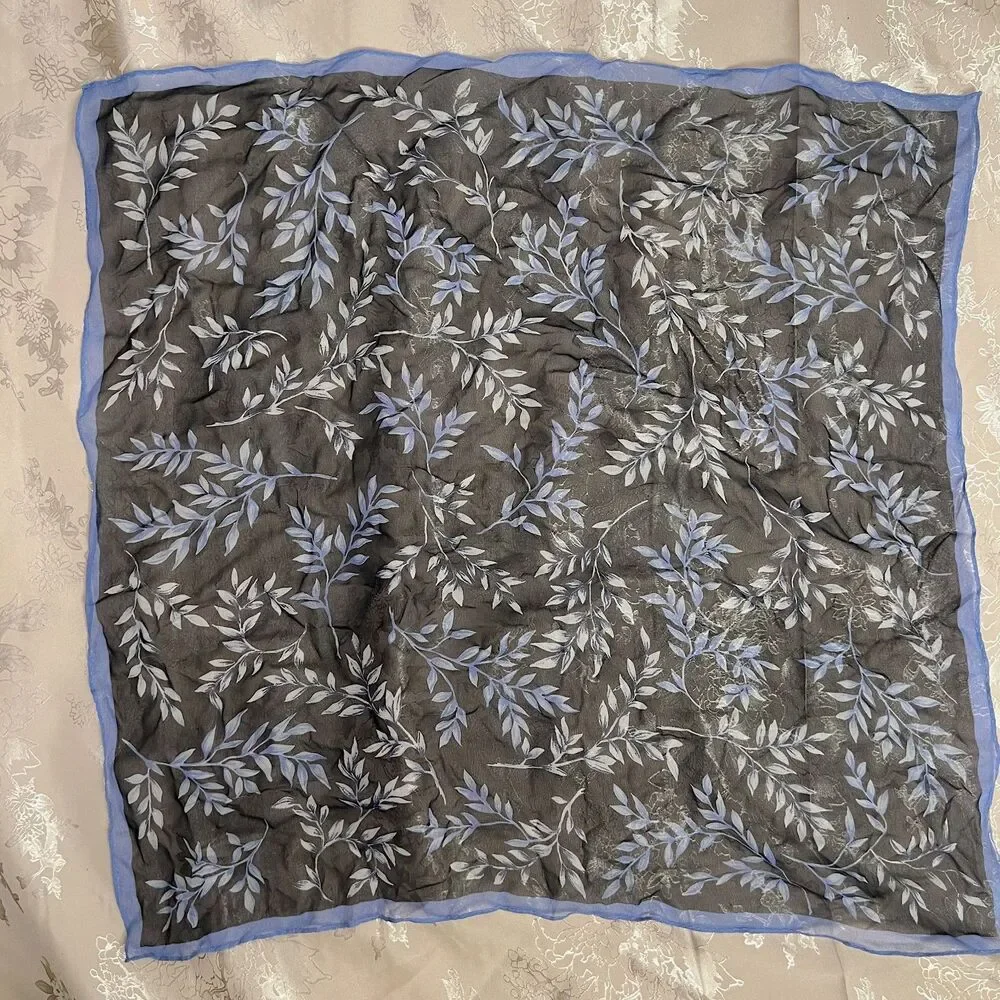 Vintage Sheer Navy Blue Leaf Print Scarf 21